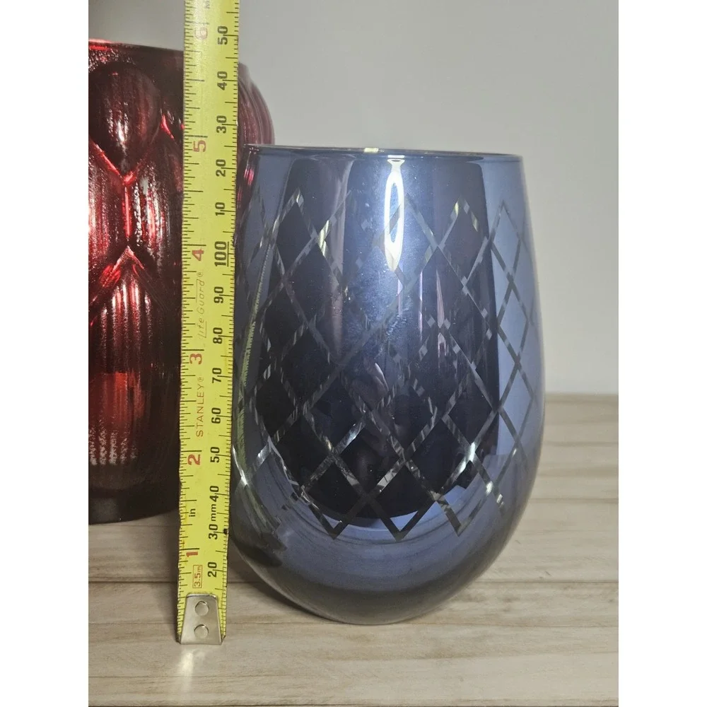 Metallic Glass Candle Holder Set Red Artichoke Blue Trellis Christmas Decor